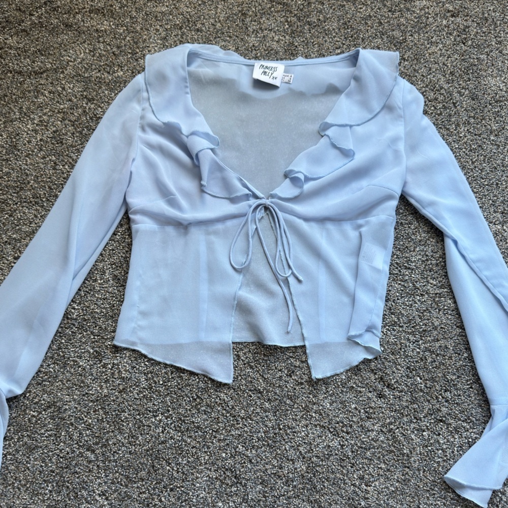 Princess‎ Polly Tie Blouse sky blue sheer ruffled tie front blouse size 4 small - Picture 3 of 7
